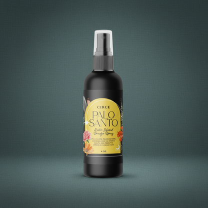 Palo Santo Smudge Spray bottle with yellow label displayed upright on a muted teal background. — for Carpe Diem Dream