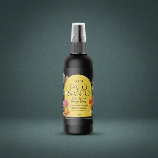 Palo Santo Smudge Spray bottle with yellow label displayed upright on a muted teal background. — for Carpe Diem Dream