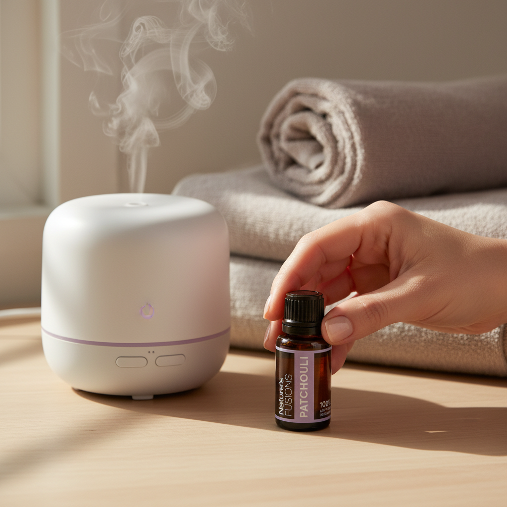 Amber glass bottle of Patchouli Essential Oil held beside white essential oil diffuser with visible mist and folded neutral towels in soft natural light. — for Carpe Diem Dream