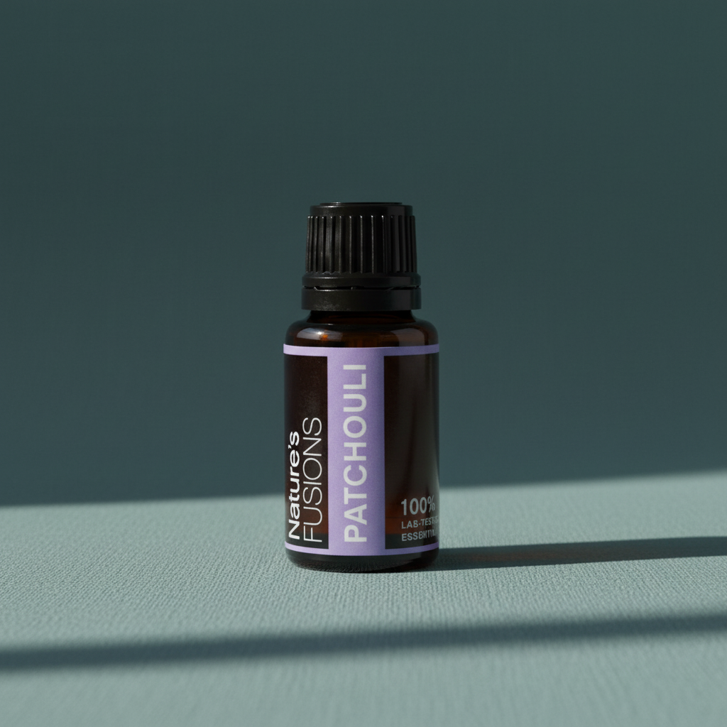 Amber glass bottle of Patchouli Essential Oil standing upright on muted teal textured background with soft directional shadow. — for Carpe Diem Dream