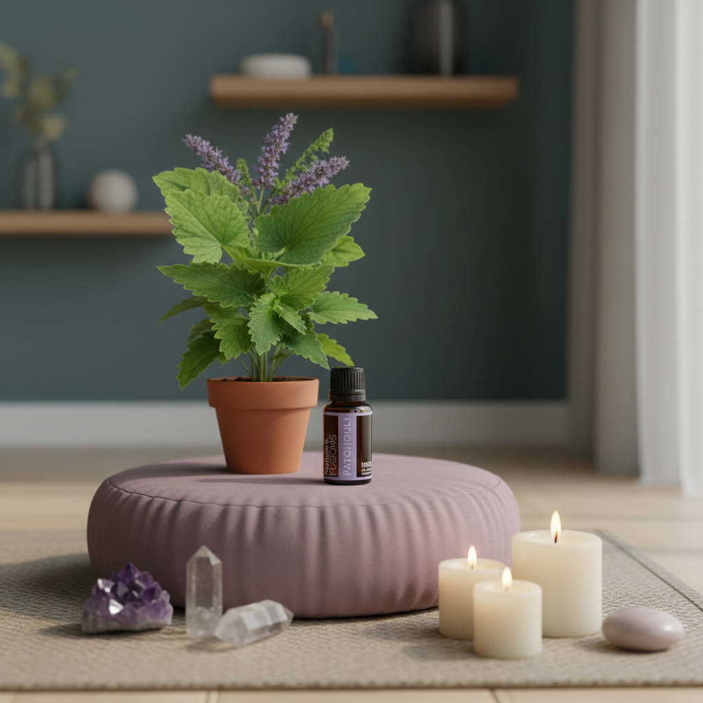 Amber glass bottle of Patchouli Essential Oil placed on round mauve meditation cushion beside small potted patchouli plant, lit white candles, and clear and purple crystal stones in soft natural light. — for Carpe Diem Dream