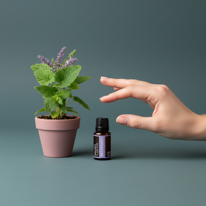 Amber glass bottle of Patchouli Essential Oil placed beside small potted patchouli plant with hand above for size reference on muted teal background in soft directional light. — for Carpe Diem Dream