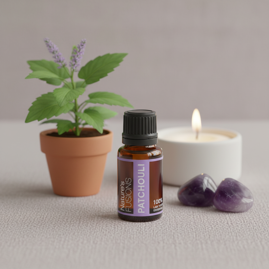Amber glass bottle of Patchouli Essential Oil placed on textured surface beside small potted patchouli plant, lit white candle, and polished purple crystal stones in soft natural light. — for Carpe Diem Dream