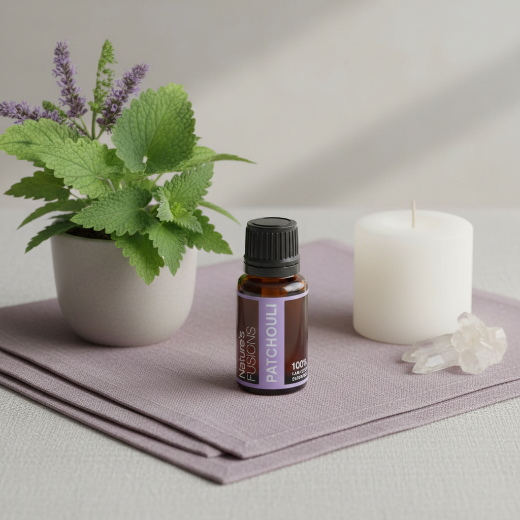 Amber glass bottle of Patchouli Essential Oil placed beside fresh green patchouli plant, white pillar candle, and clear crystal stones on folded neutral fabric in soft natural light. — for Carpe Diem Dream
