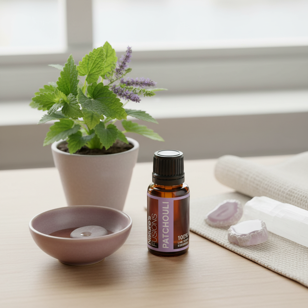 Amber glass bottle of Patchouli Essential Oil placed on wooden surface beside small potted patchouli plant, ceramic tealight bowl, folded neutral cloth, and pink crystal stones in soft natural light. — for Carpe Diem Dream