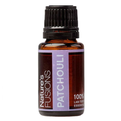 Amber glass bottle of Patchouli Essential Oil with black ribbed cap and purple label on white background. — for Carpe Diem Dream
