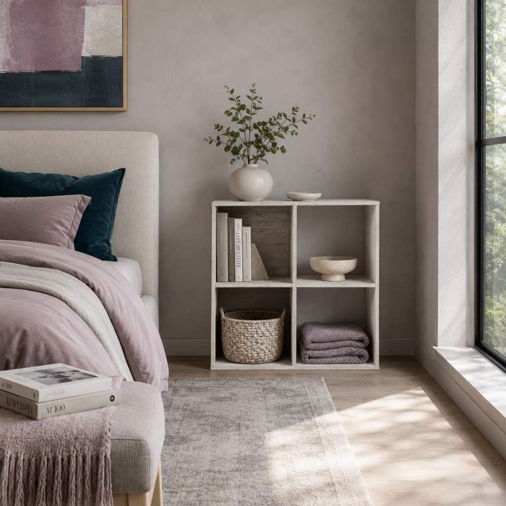 Paxberry four cube organizer styled in a calm bedroom with folded textiles, books, a woven basket, mauve bedding, and dark teal accents. — for Carpe Diem Dream