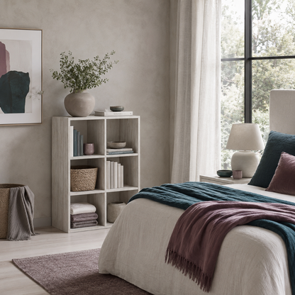 Paxberry six cube organizer styled in a serene bedroom with books, woven storage, folded linens, dark teal bedding, and mauve accents. — for Carpe Diem Dream