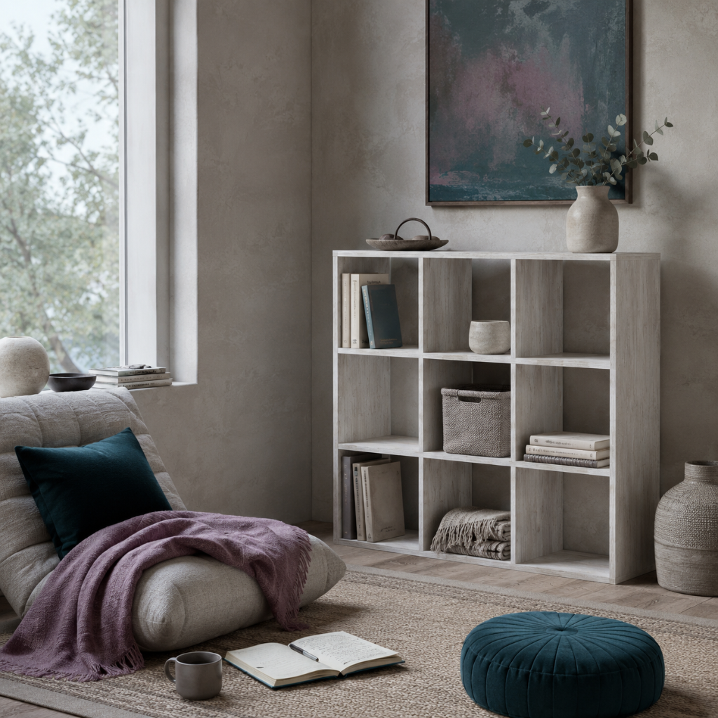 Paxberry nine cube organizer styled in a calm meditation nook with books, woven storage, folded textiles, dark teal seating, and mauve accents. — for Carpe Diem Dream