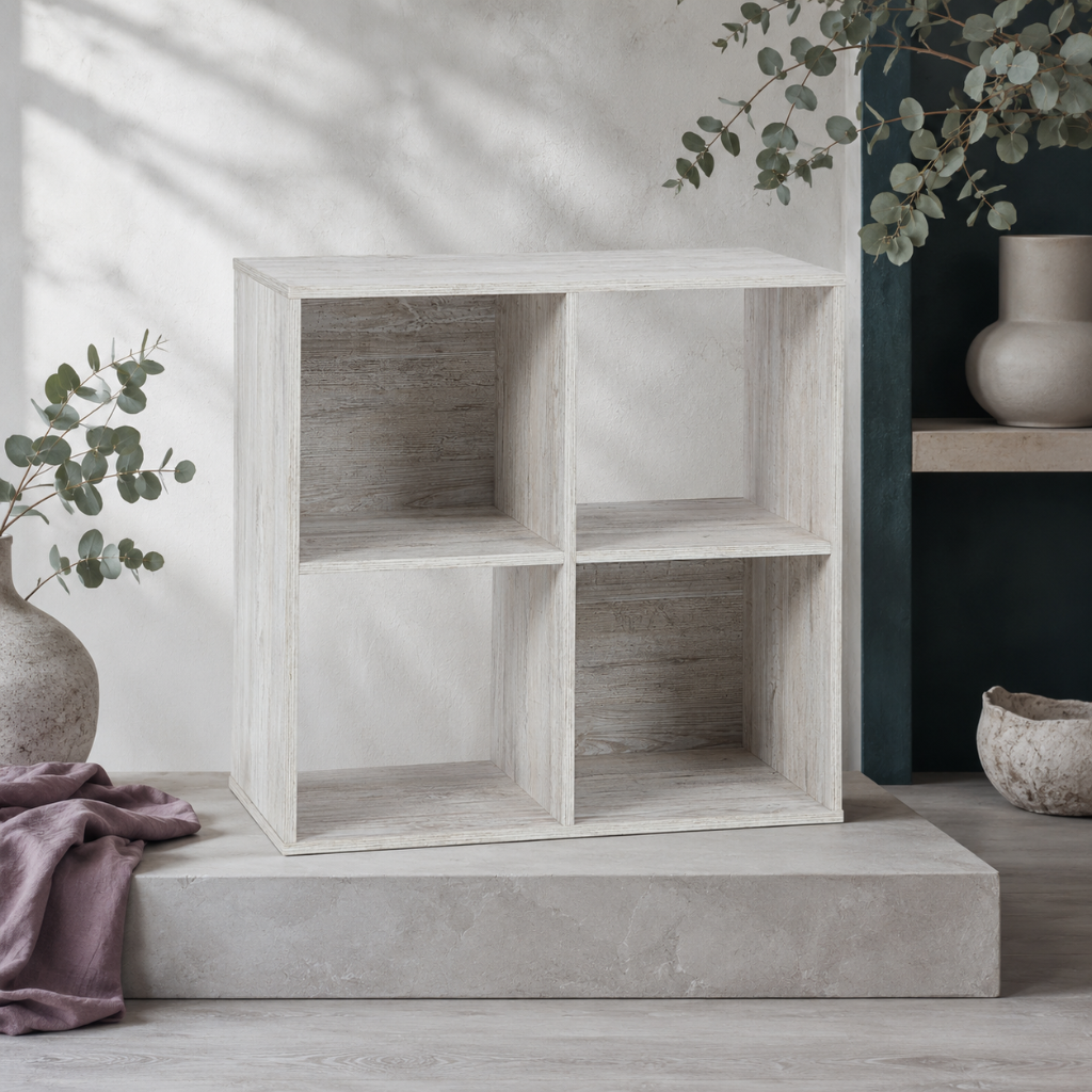 Paxberry four cube organizer styled in a cool botanical studio with eucalyptus, Roman Clay surfaces, mauve linen, and dark teal accents. — for Carpe Diem Dream