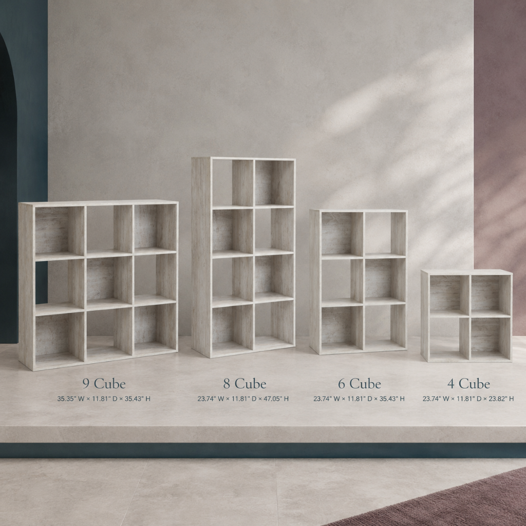 Paxberry cube organizer variants shown side by side with four cube, six cube, eight cube, and nine cube size options in a whitewashed finish. — for Carpe Diem Dream