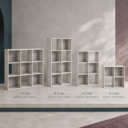 Paxberry cube organizer variants shown side by side with four cube, six cube, eight cube, and nine cube size options in a whitewashed finish. — for Carpe Diem Dream