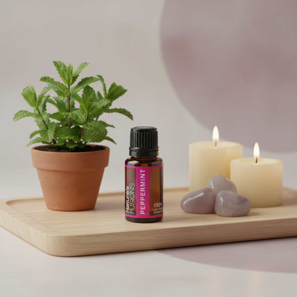 Amber glass bottle of Peppermint Essential Oil placed on wooden tray beside small potted peppermint plant, two lit cream pillar candles, and polished crystal stones in soft natural light. — for Carpe Diem Dream