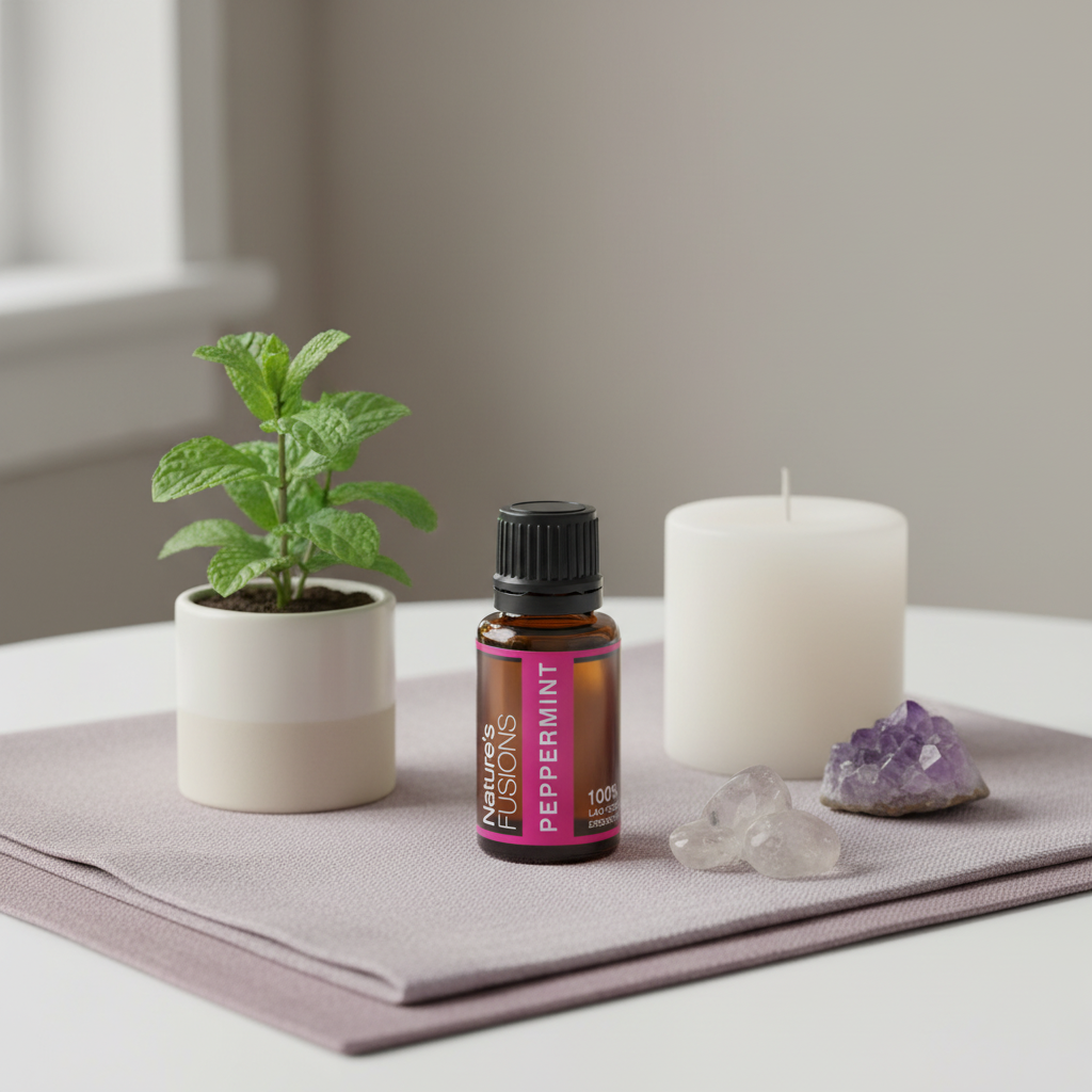 Amber glass bottle of Peppermint Essential Oil placed on folded neutral fabric beside small potted peppermint plant, white pillar candle, and polished crystal stones in soft natural light. — for Carpe Diem Dream