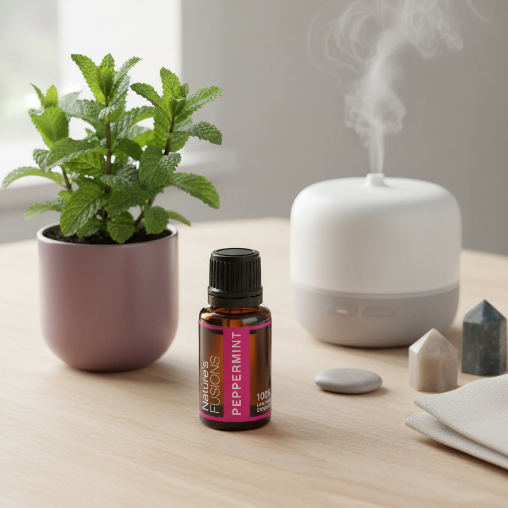 Amber glass bottle of Peppermint Essential Oil placed on wooden surface beside small potted peppermint plant, white essential oil diffuser with visible mist, and polished crystal stones in soft natural light. — for Carpe Diem Dream