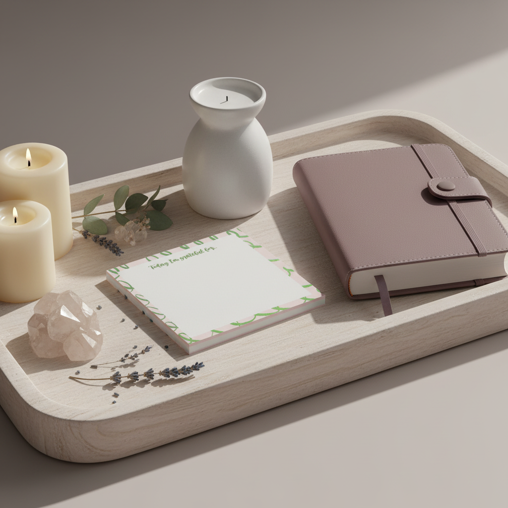 Pink and green gratitude sticky note pad with “Today I’m grateful for” text resting on a wooden tray beside candles, a mauve journal, and a clear crystal. — for Carpe Diem Dream