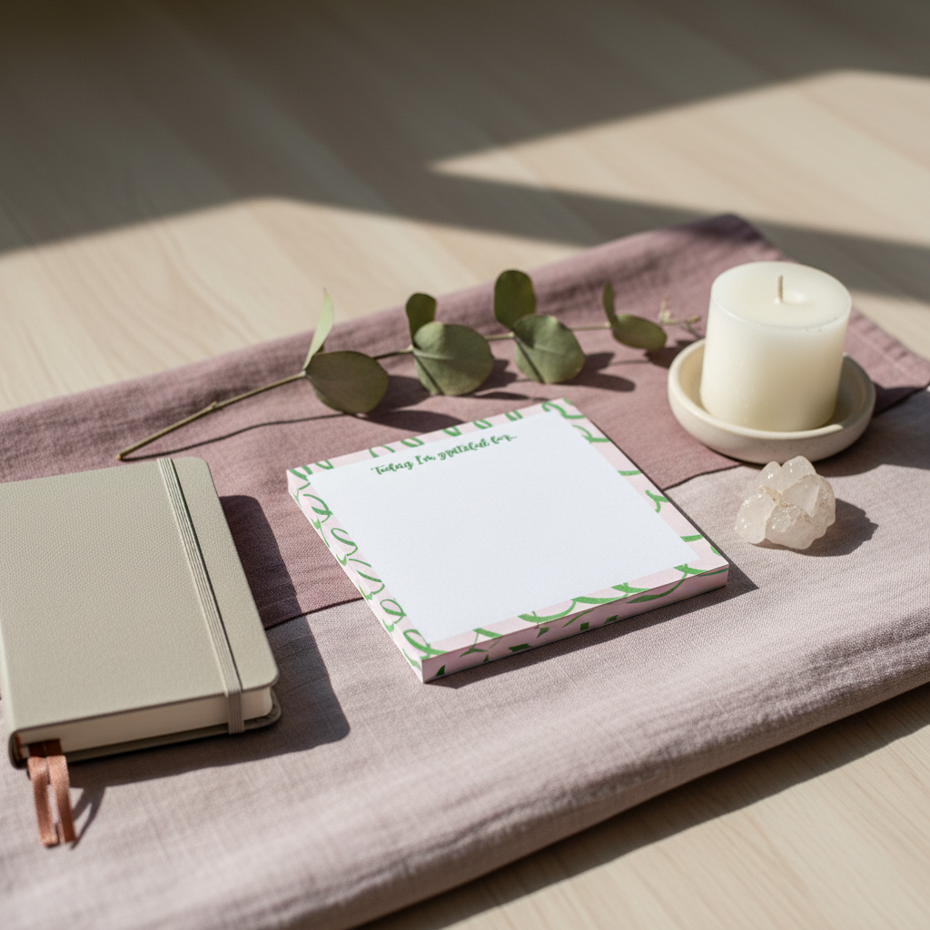 Pink and green gratitude sticky note pad with “Today I’m grateful for” text resting on mauve fabric beside a candle, crystal, and closed notebook. — for Carpe Diem Dream
