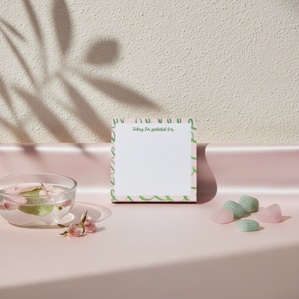 Square pink and green gratitude sticky note pad with “Today I’m grateful for” text displayed on a blush surface beside crystals and a small glass bowl. — for Carpe Diem Dream