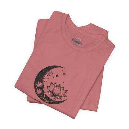 Pisces Moon I Cherish Sanctuary zodiac T-shirt in mauve with black moon-inspired lotus, floral, and celestial artwork, shown folded in a supplier mockup. — for Carpe Diem Dream