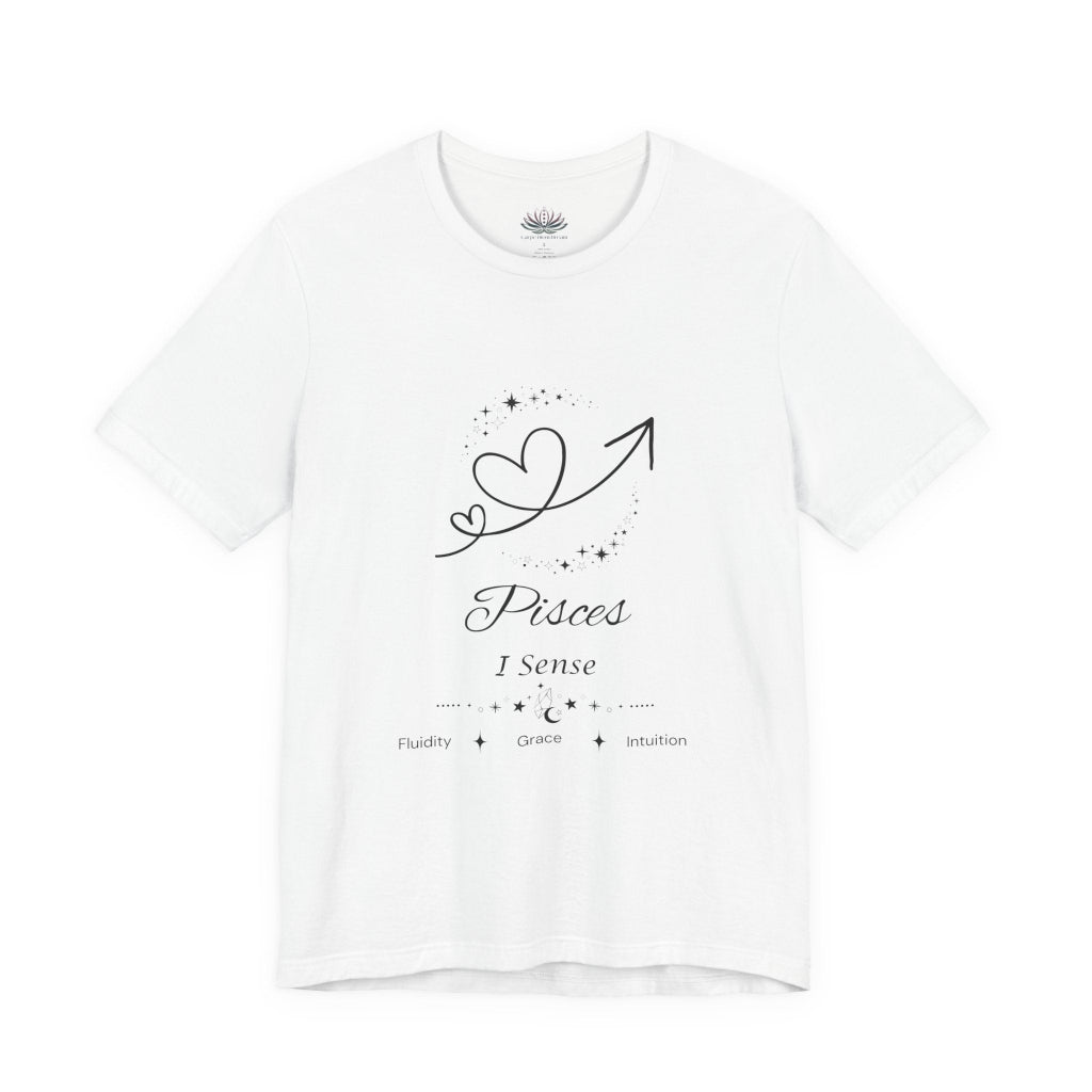 White Pisces Rising I Sense zodiac T-shirt with black celestial heart and arrow artwork, shown in a flat supplier mockup. — for Carpe Diem Dream