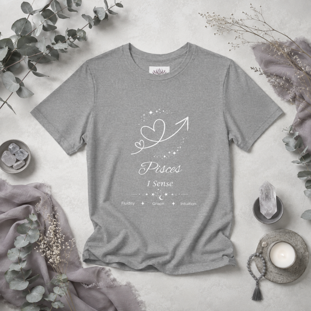 Pisces Rising I Sense zodiac T-shirt in Athletic Heather with white celestial heart and arrow artwork and Fluidity, Grace, Intuition text, styled in a cool-toned studio botanical flat lay. — for Carpe Diem Dream