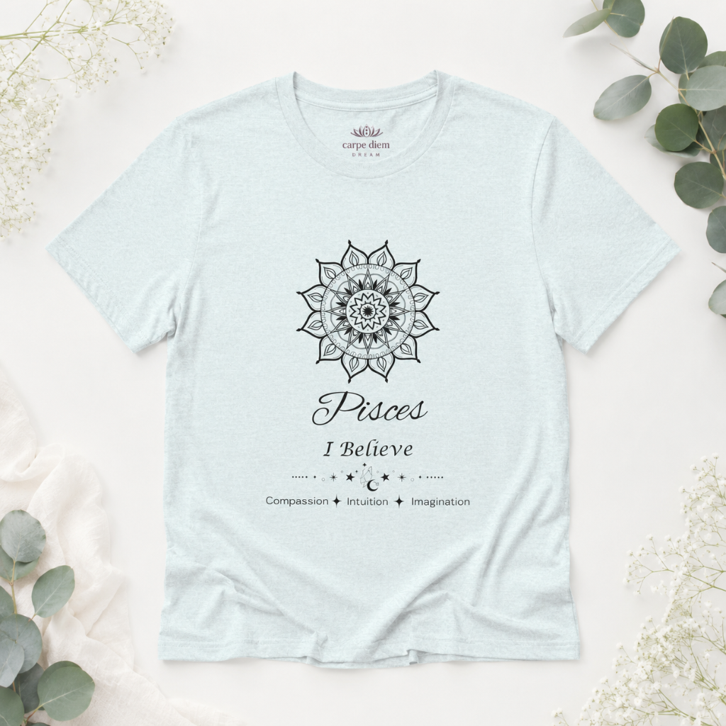 Pisces Sun I Believe zodiac T-shirt in heather ice blue with black sun-inspired mandala artwork and Compassion, Intuition, Imagination text, styled in a cool-toned studio botanical flat lay. — for Carpe Diem Dream