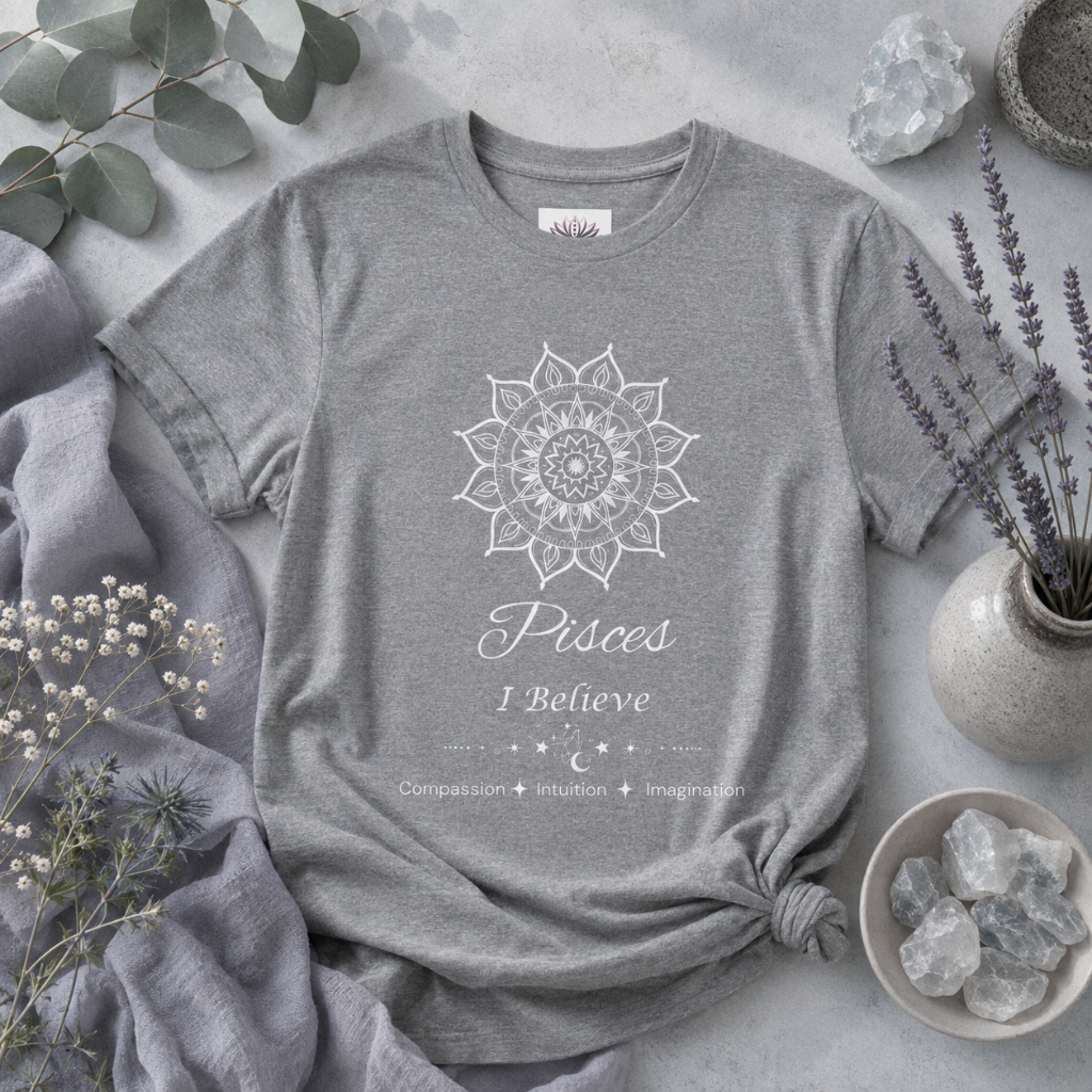 Pisces Sun I Believe zodiac T-shirt in athletic heather with white sun-inspired mandala artwork and Compassion, Intuition, Imagination text, styled in a cool-toned studio botanical flat lay. — for Carpe Diem Dream