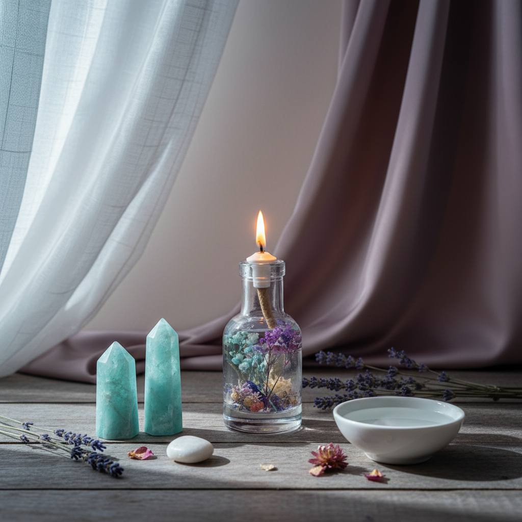 A Pisces zodiac oil candle with blue and purple botanicals in a clear glass vessel is styled with crystal towers, a ceramic bowl, and scattered botanicals on a wooden surface with flowing draped fabric, creating an artistic and expressive ritual scene. — for Carpe Diem Dream
