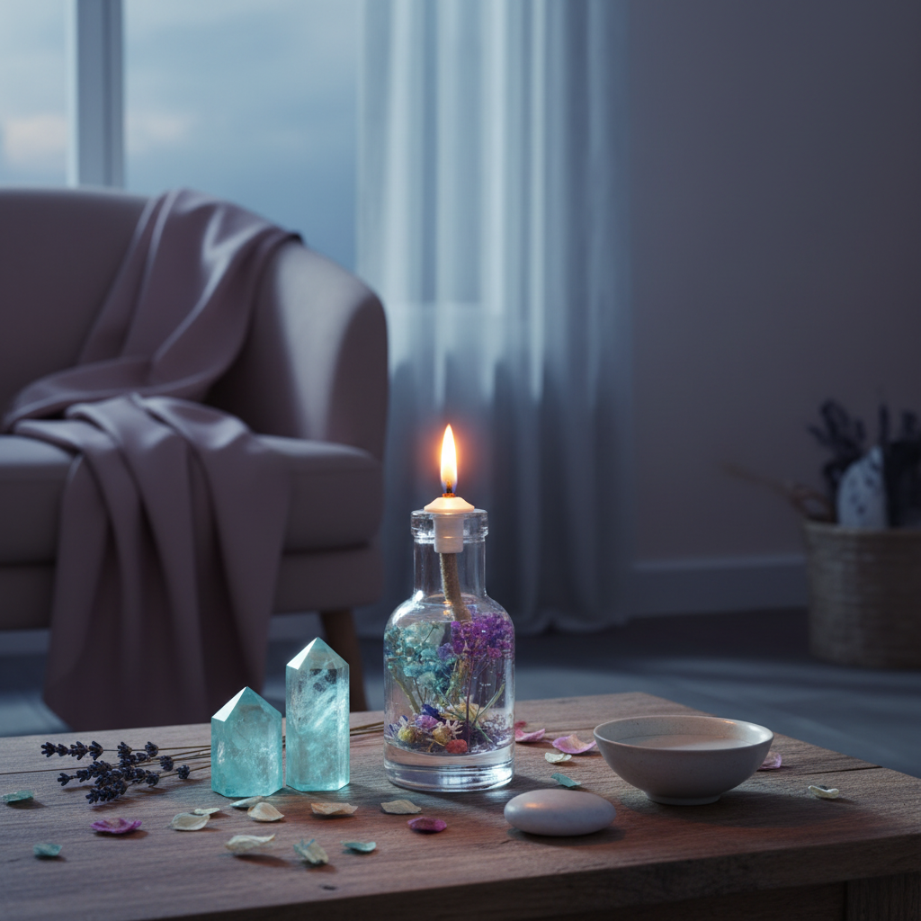 A Pisces zodiac oil candle with blue and purple botanicals in a clear glass vessel is placed on a wooden table with crystals, a ceramic bowl, and scattered botanicals in a softly lit living room setting, showing practical home placement. — for Carpe Diem Dream