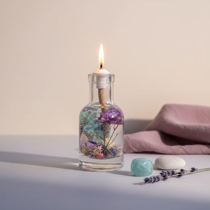 A Pisces zodiac oil candle with blue and purple botanicals in a clear glass vessel burns softly beside a green stone, white pebble, and lavender on a neutral surface with draped fabric. — for Carpe Diem Dream