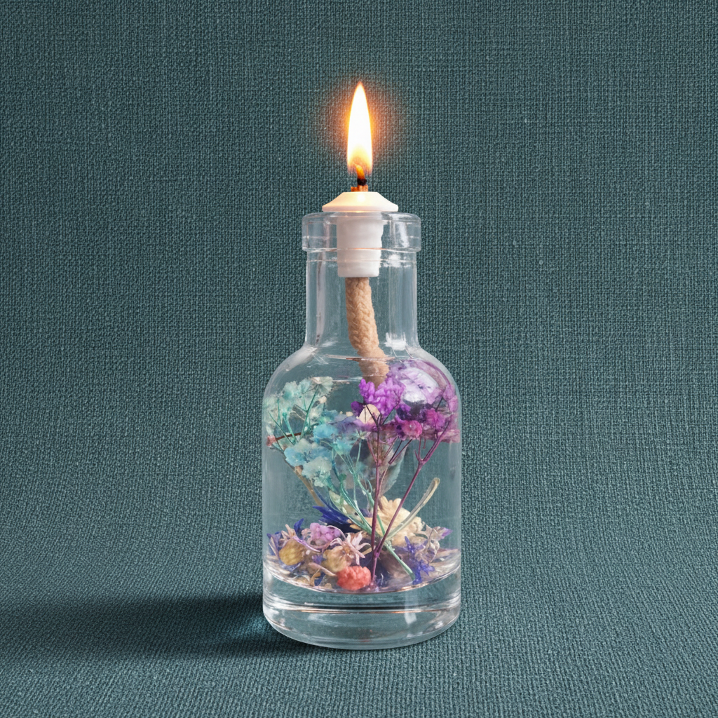 A Pisces zodiac oil candle with blue and purple botanicals in a clear glass vessel burns with a soft flame against a textured teal background. — for Carpe Diem Dream