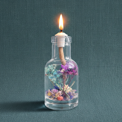 A Pisces zodiac oil candle with blue and purple botanicals in a clear glass vessel burns with a soft flame against a textured teal background. — for Carpe Diem Dream