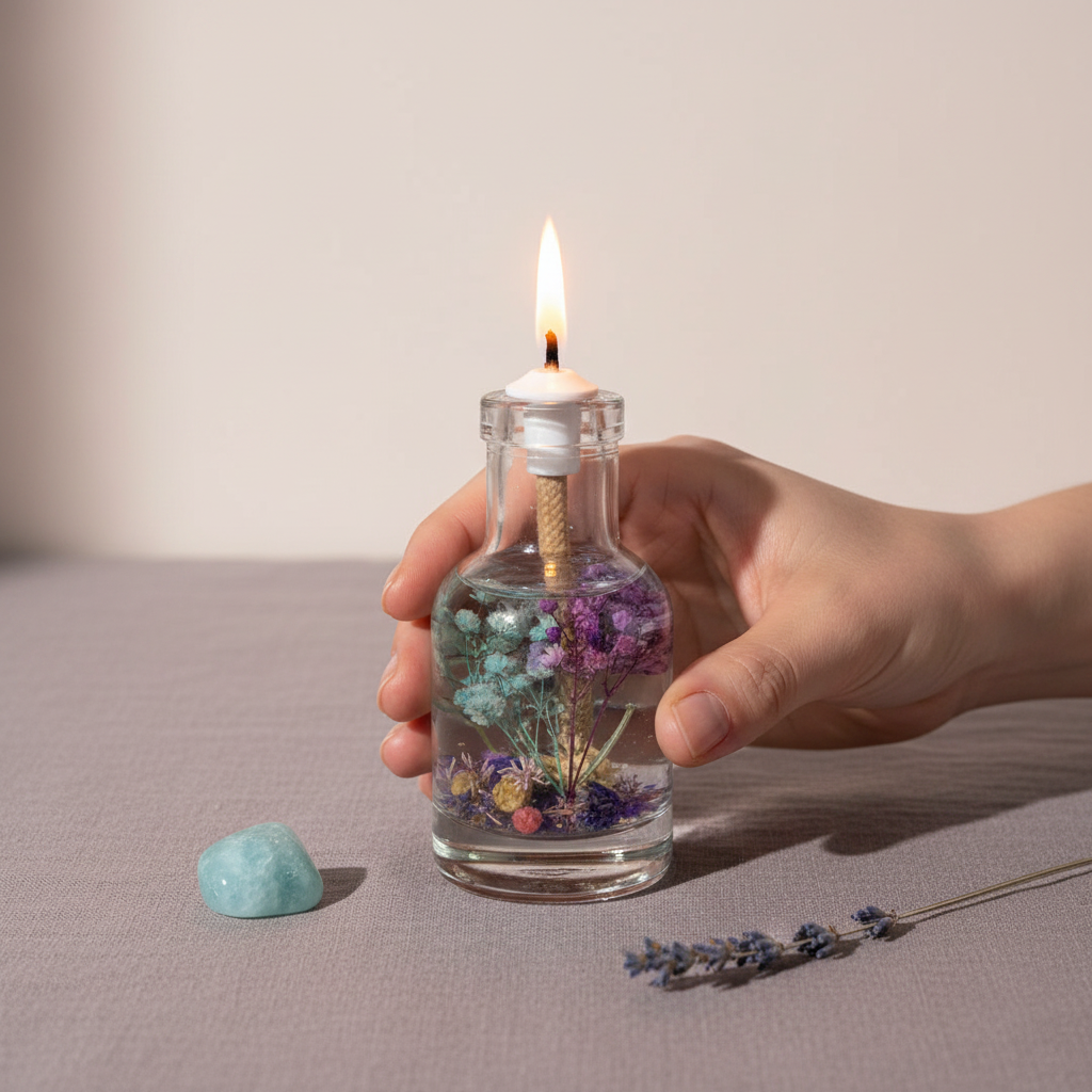 A hand holds a Pisces zodiac oil candle with blue and purple botanicals in a clear glass vessel beside a small green stone and lavender on a neutral fabric surface, showing size and scale. — for Carpe Diem Dream