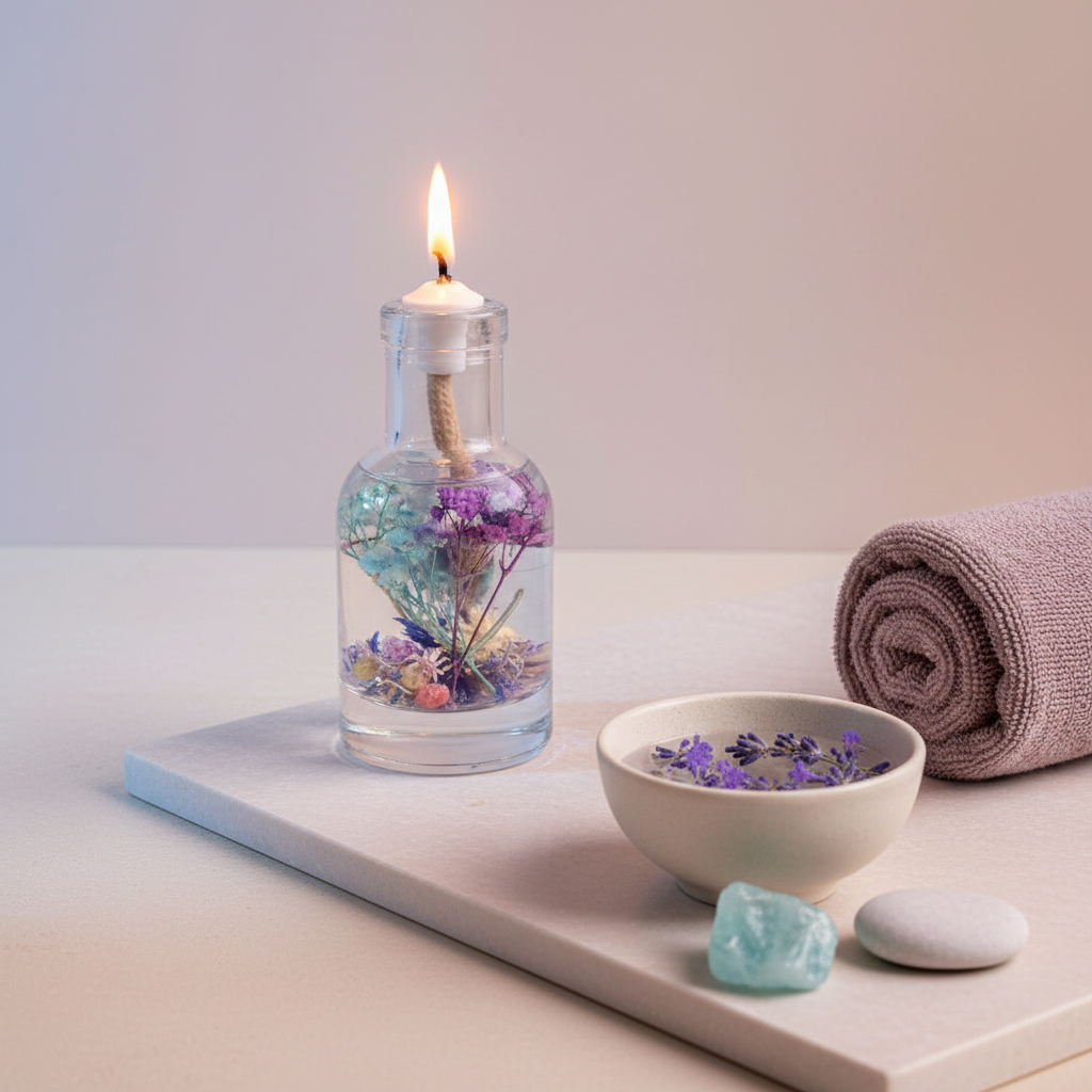 A Pisces zodiac oil candle with blue and purple botanicals in a clear glass vessel is styled on a stone tray with a folded towel, ceramic bowl, and smooth stones, creating a calm spa-like setting. — for Carpe Diem Dream