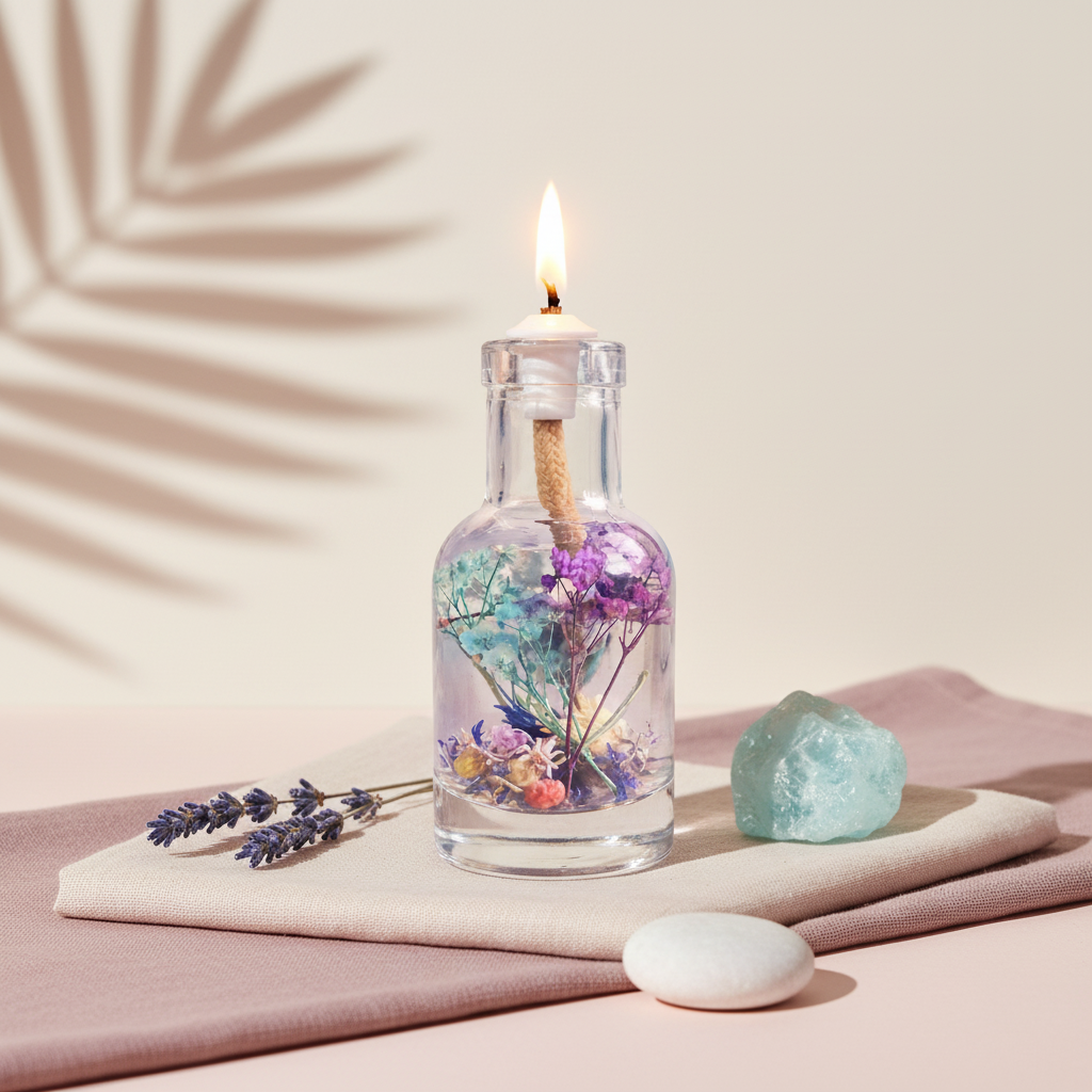 A Pisces zodiac oil candle with blue and purple botanicals in a clear glass vessel is styled with soft fabric, a green stone, and lavender against a neutral background with botanical shadows. — for Carpe Diem Dream