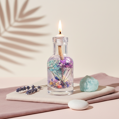 A Pisces zodiac oil candle with blue and purple botanicals in a clear glass vessel is styled with soft fabric, a green stone, and lavender against a neutral background with botanical shadows. — for Carpe Diem Dream