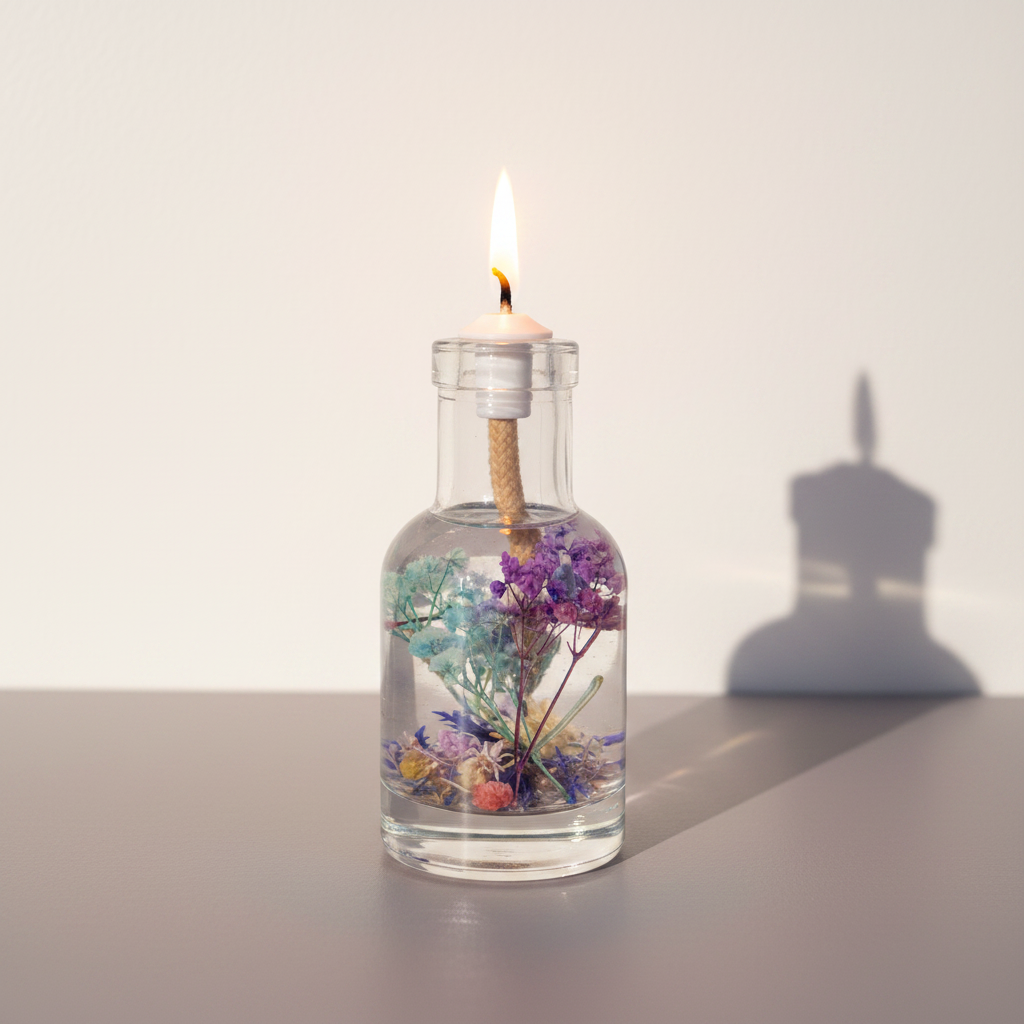 A Pisces zodiac oil candle with blue and purple botanicals in a clear glass vessel burns with a soft flame on a neutral surface, casting a gentle shadow against a light background. — for Carpe Diem Dream