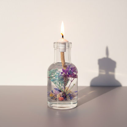 A Pisces zodiac oil candle with blue and purple botanicals in a clear glass vessel burns with a soft flame on a neutral surface, casting a gentle shadow against a light background. — for Carpe Diem Dream