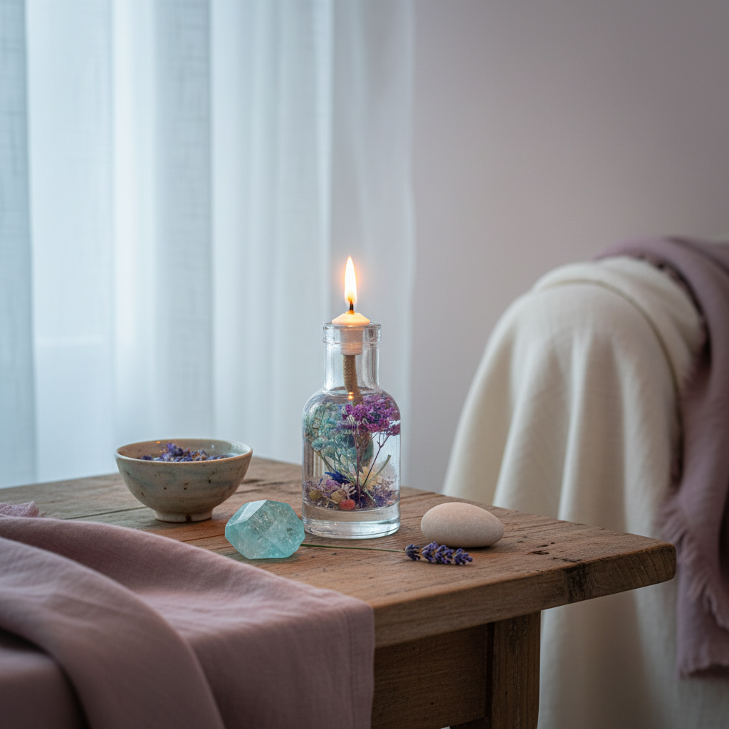 A Pisces zodiac oil candle with blue and purple botanicals in a clear glass vessel glows on a wooden table beside a ceramic bowl, green stone, and soft draped textiles near a window, creating a calm and reflective home setting. — for Carpe Diem Dream