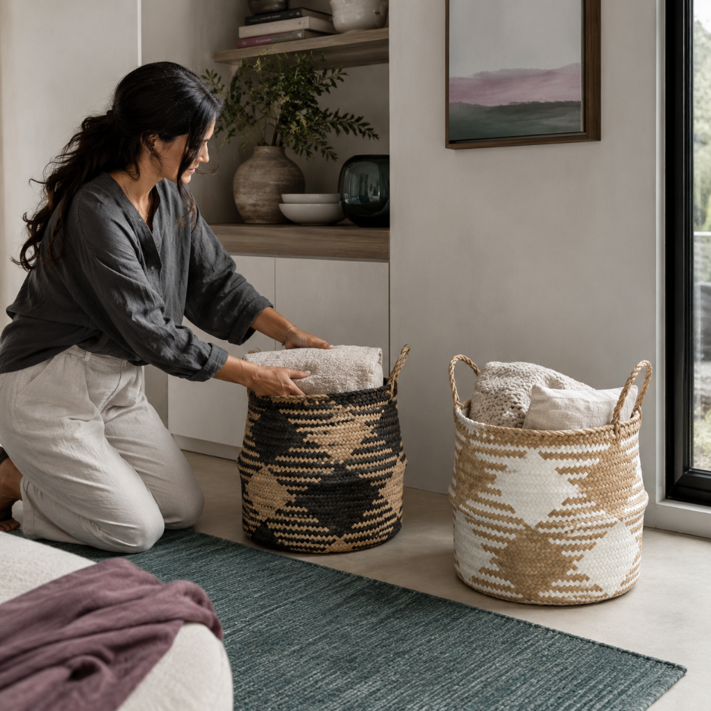 Black and white plaid woven storage baskets shown in use as folded blankets are placed inside for calm bedroom storage. — for Carpe Diem Dream