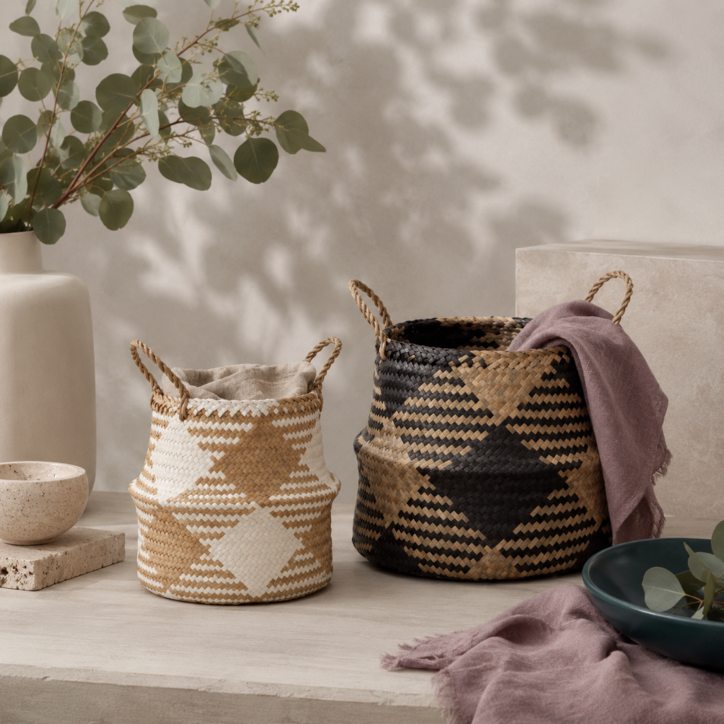 Black and white plaid woven storage baskets styled together in the Carpe Diem Dream botanical studio with Roman Clay textures, eucalyptus, matte ceramics, mauve linen, and natural stone accents. — for Carpe Diem Dream