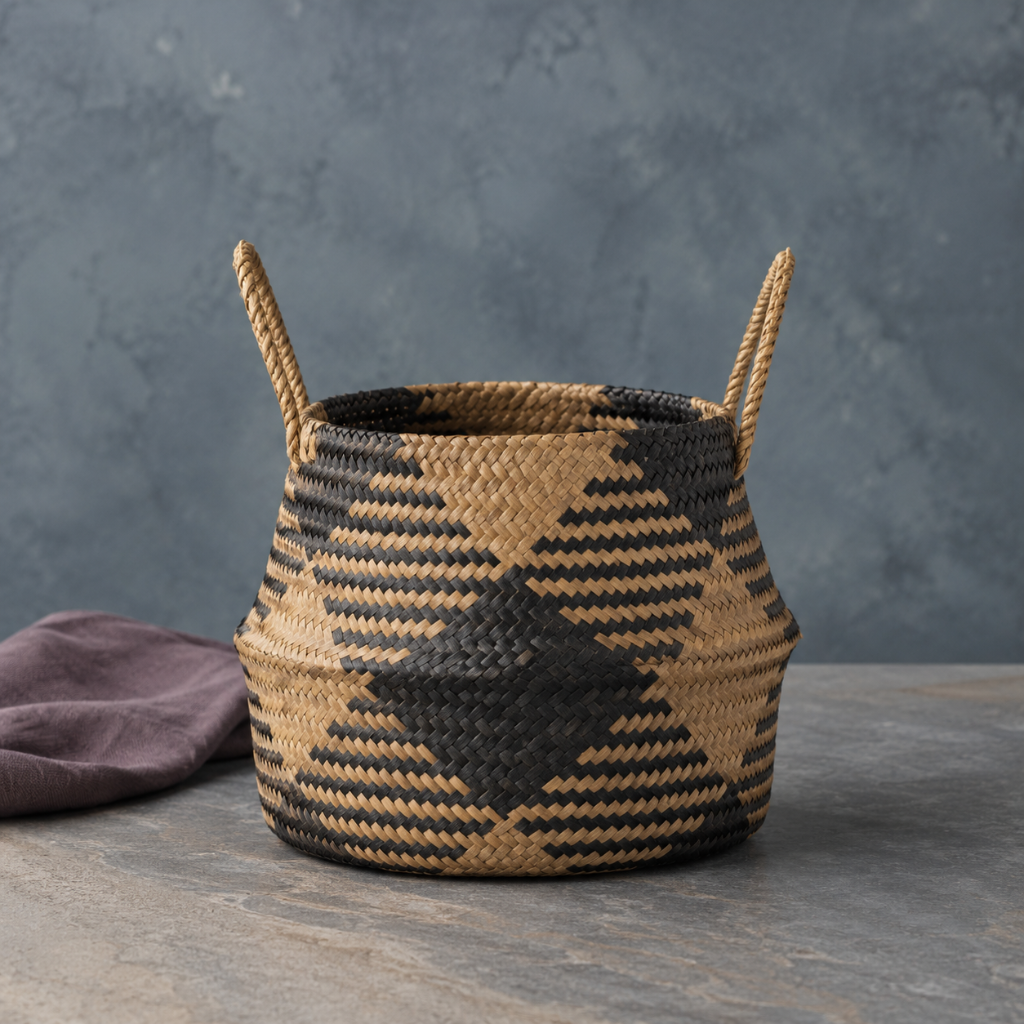 Black plaid woven storage basket professionally photographed on a cool blue-gray stone surface with mauve linen accent. — for Carpe Diem Dream