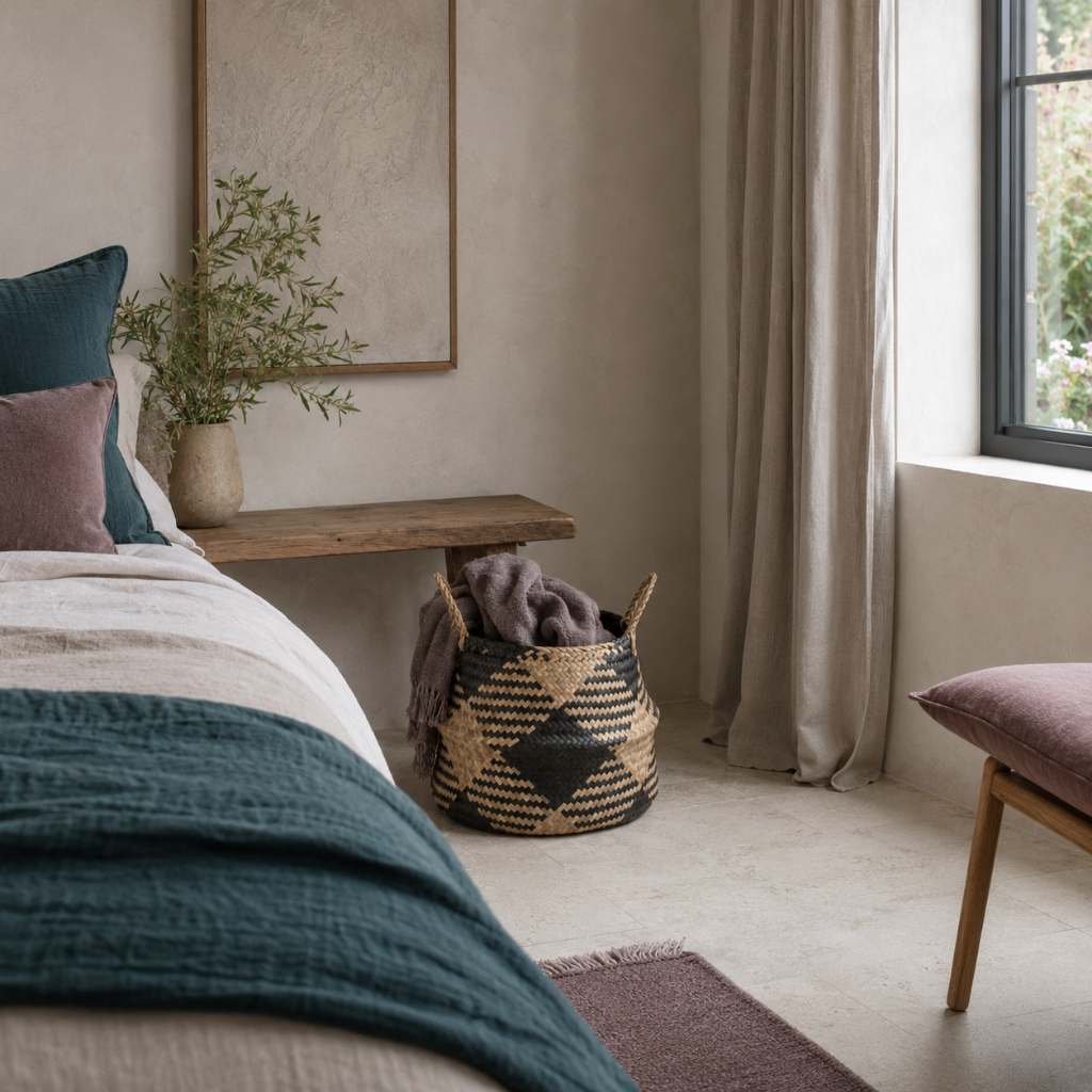 Black plaid woven storage basket styled in a calm bedroom corner with mauve textiles, dark teal bedding, and folded throw storage. — for Carpe Diem Dream