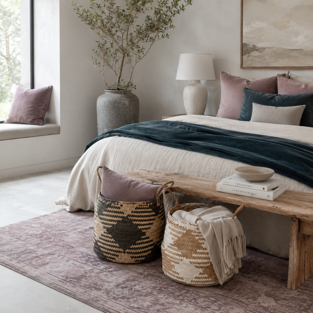 Black and white plaid woven storage baskets styled in a serene bedroom with folded throws, mauve textiles, dark teal bedding, and calm storage. — for Carpe Diem Dream