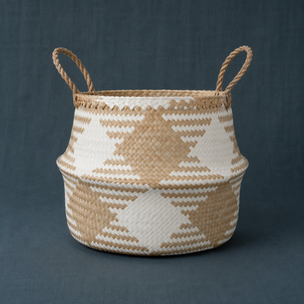 Single black and white plaid woven storage basket on a dark teal textured linen backdrop. — for Carpe Diem Dream