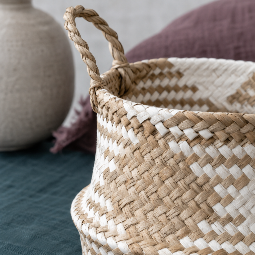Close-up of a black and white plaid woven storage basket showing seagrass texture, recycled plastic pattern, and braided handles. — for Carpe Diem Dream