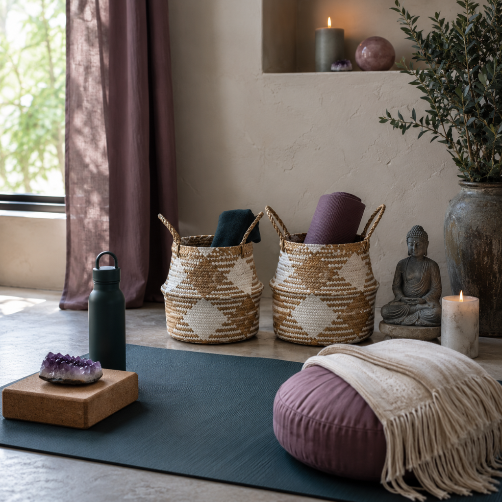 White plaid woven storage baskets styled in a meditation and yoga room with rolled mats, dark teal accents, mauve textiles, and calming décor. — for Carpe Diem Dream