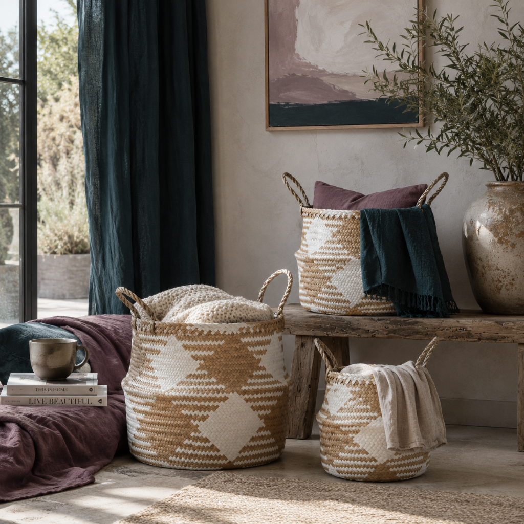 White plaid woven storage baskets styled in a serene interior vignette with dark teal drapery, mauve textiles, folded linens, and natural light. — for Carpe Diem Dream