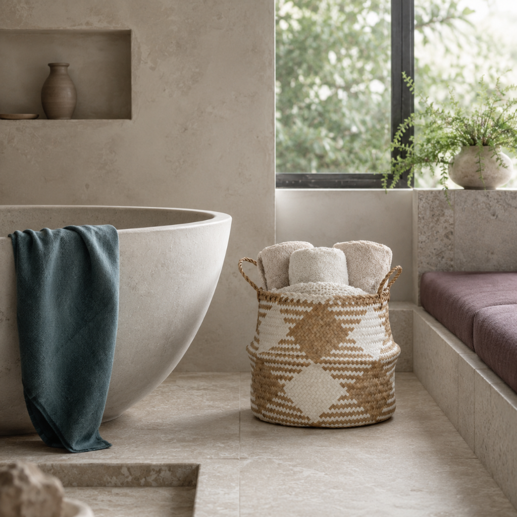 Plaid woven storage basket styled in a serene spa retreat with folded towels and calming bathroom décor. — for Carpe Diem Dream