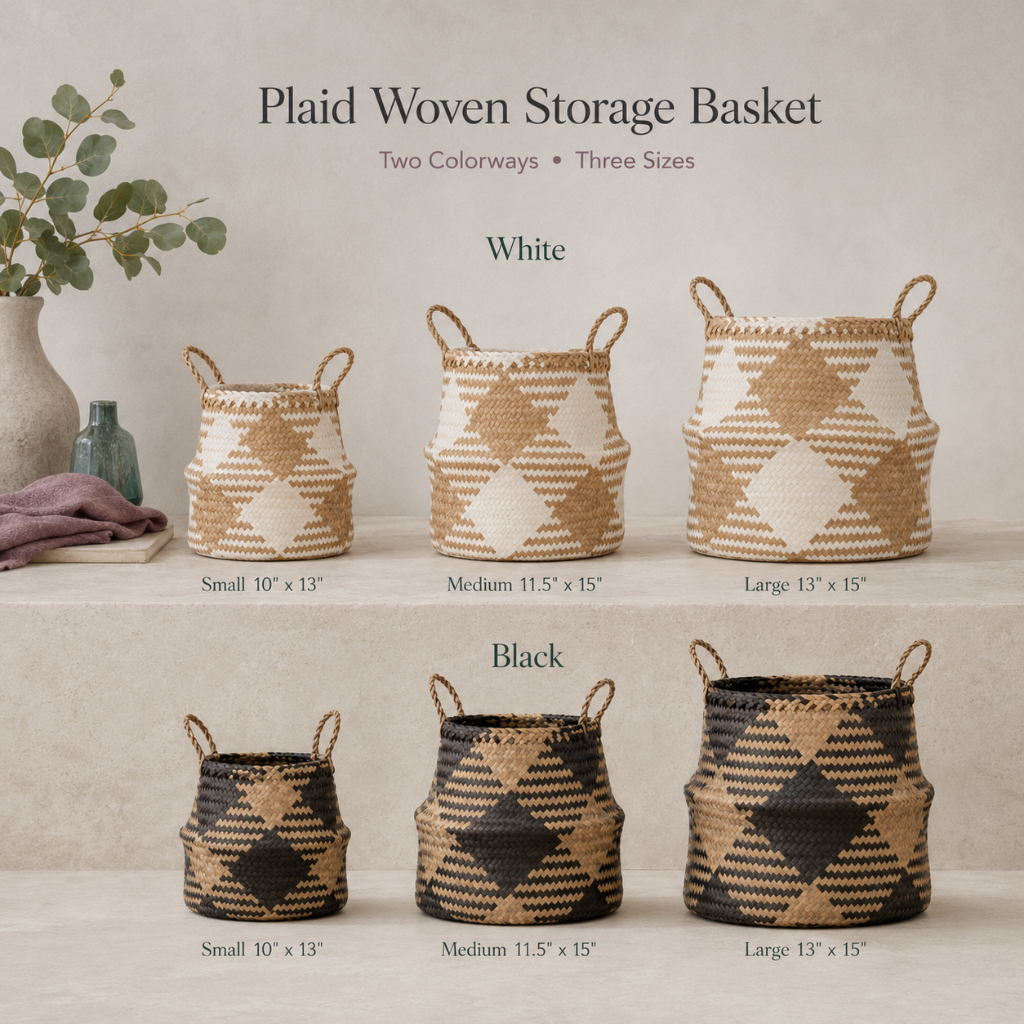 Plaid woven storage basket guide showing black and white colorways in small, medium, and large sizes with dimensions. — for Carpe Diem Dream